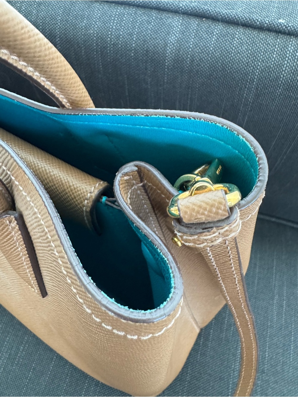 Prada Brown Double Saffiano Tote with Turquoise Interior Rare - Picture 4 of 13